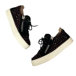 Giuseppe Zanotti | Crystal Magenta Pink Black Suede Low Top Designer Sneakers 38